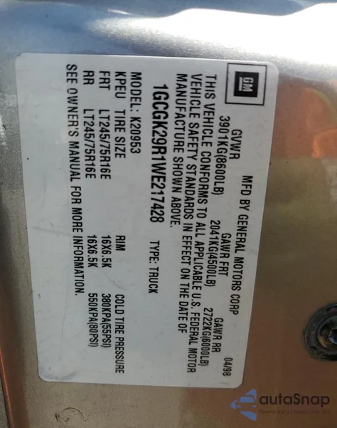 1998 Chevrolet Gmt-400 K2500 z USA, uszkodzony, nr VIN 1GCGK29R1WE217428